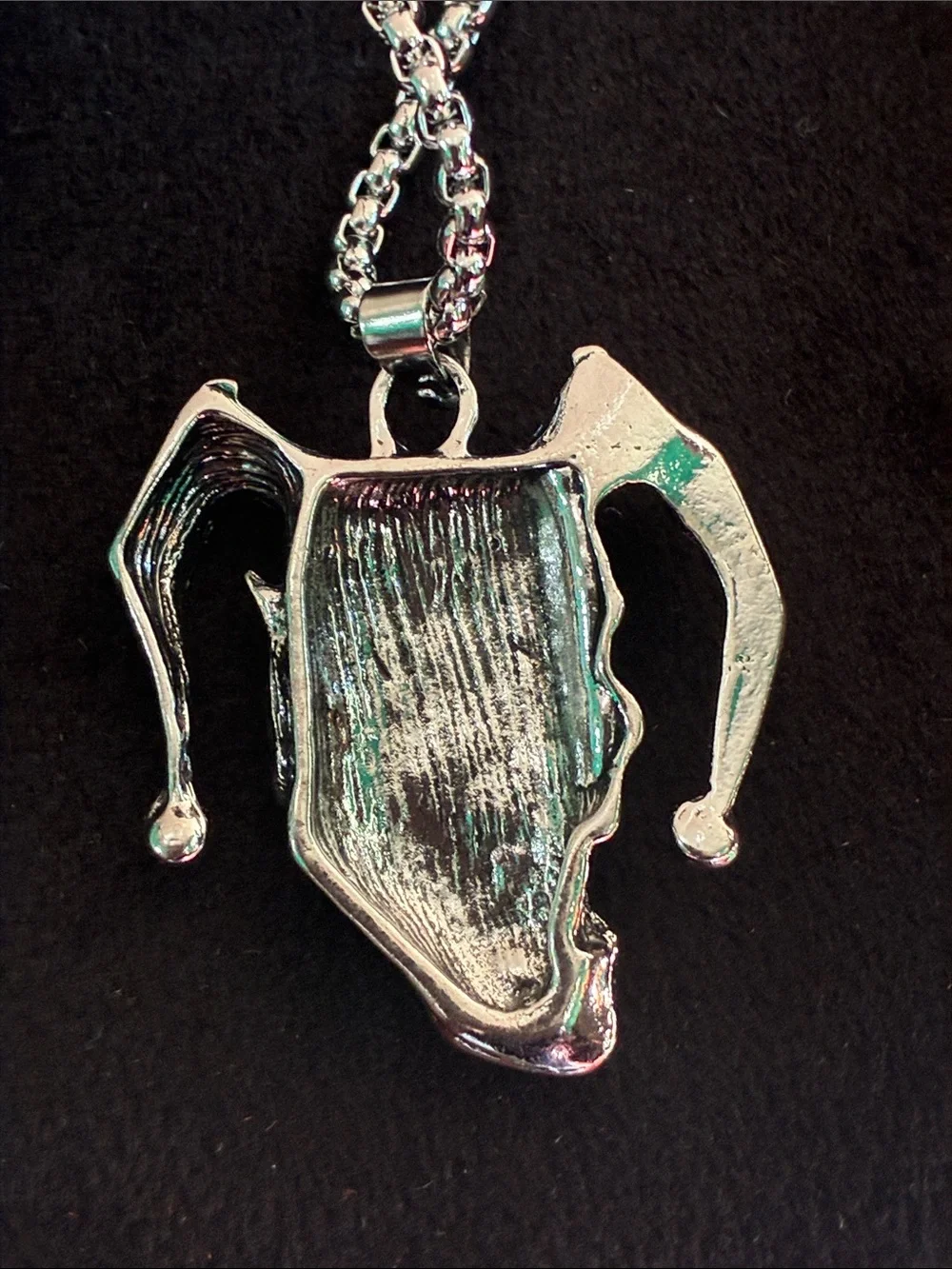 NWT Evil Joker Jester Pendant Necklace in polished silvertone Halloween gothic